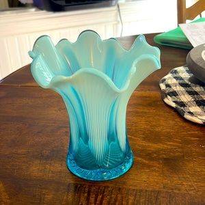 Antique Dugan blue Opalescent ribbed and thumb print vase